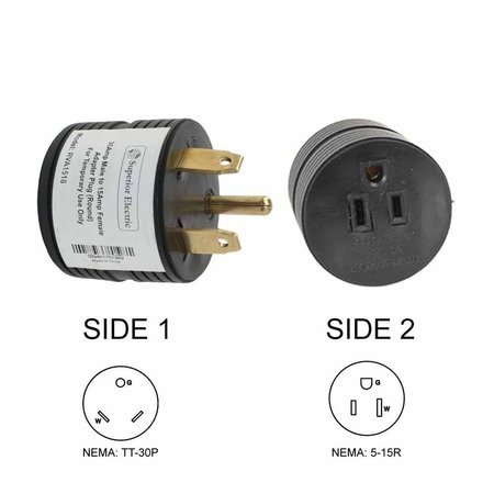SUPERIOR ELECTRIC 30 Amp Male NEMA TT-30P to 15 Amp Female NEMA 5-15R Adapter Plug (Round) RVA1518